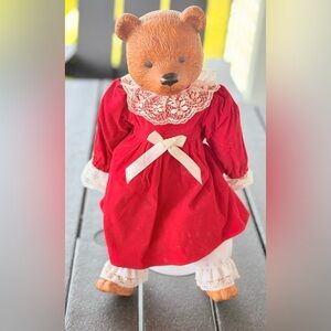 Charming Vintage Musical Red Teddy Bear with Lace Dress Ceramic Head & Paws 1984